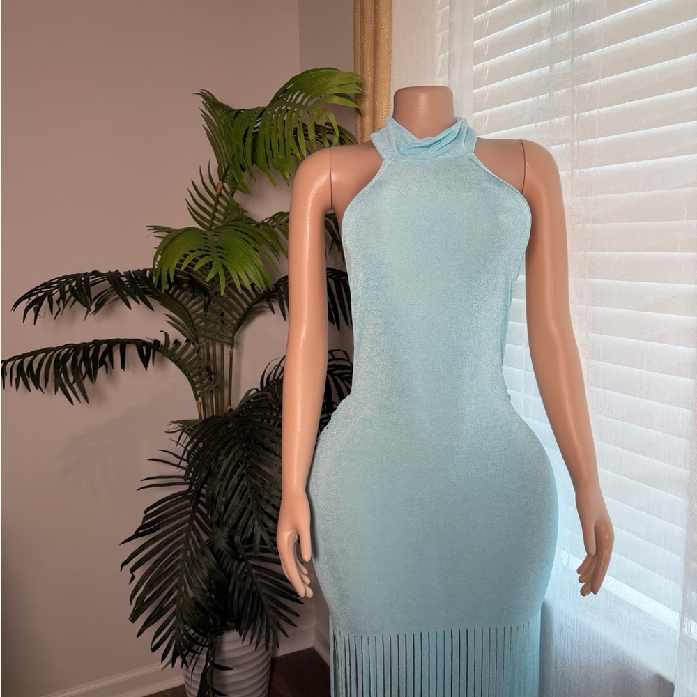 Sleeveless Light Blue Halter Fringe Knit Dress